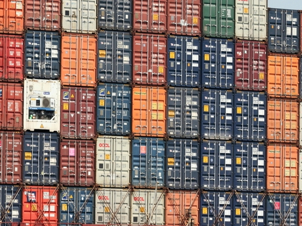 Stacked shipping containers, various