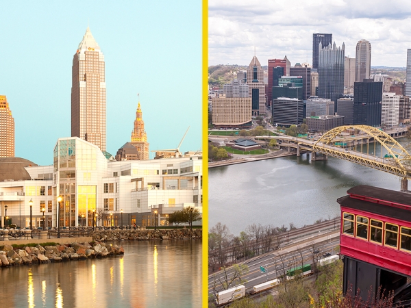 Split screen of cleveland and pittsburgh skylines
