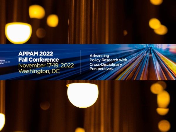 Banner for APPAM Fall Research Conference, over a background of a chandelier from the Washington Hilton hotel