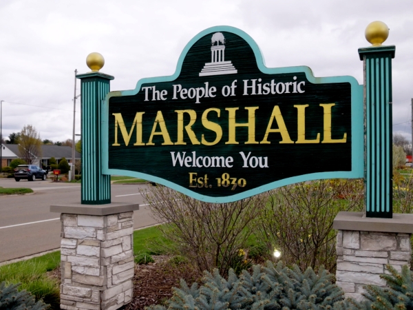 Welcome sign for Marshall, Michigan, which is near the proposed Ford battery megasite