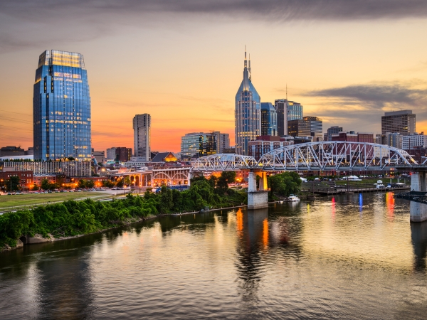 A river and skyline of a large city, or a pretty large one anyway. It's Nashville. 