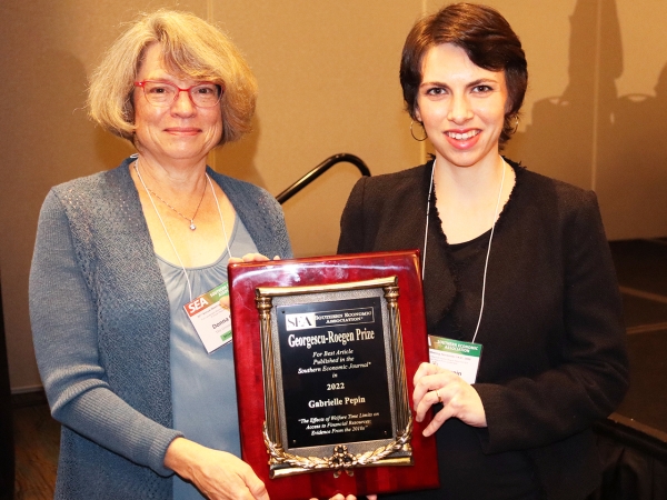 Gabrielle Pepin presented the 2022 Georgescu-Roegen Prize in Economics from Donna Ginther, chair of the SEA prize committee 