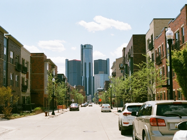 Detroit residential street with Renaissance Center in background