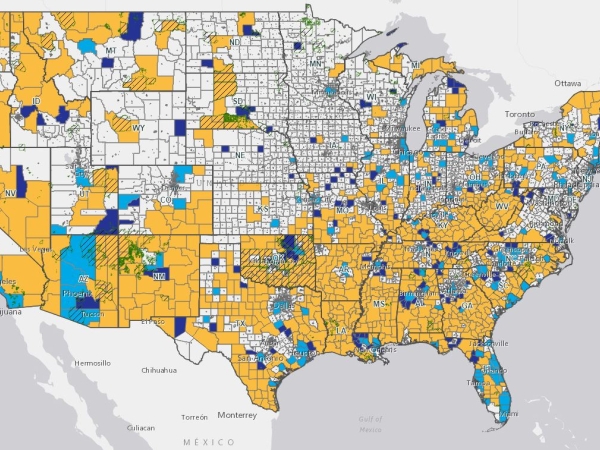 Map of United States showing Recompete Pilot Program eligibility 