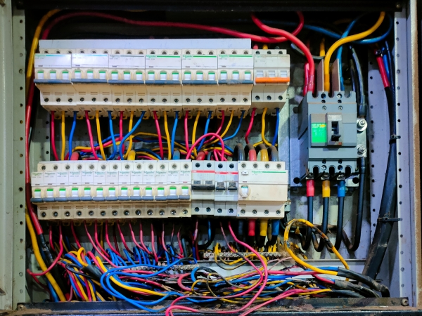 electrical panel with colorful wires