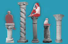 Illustration showing pillars with concept of woman caregiver on one pillar and elderly parent and a child on another